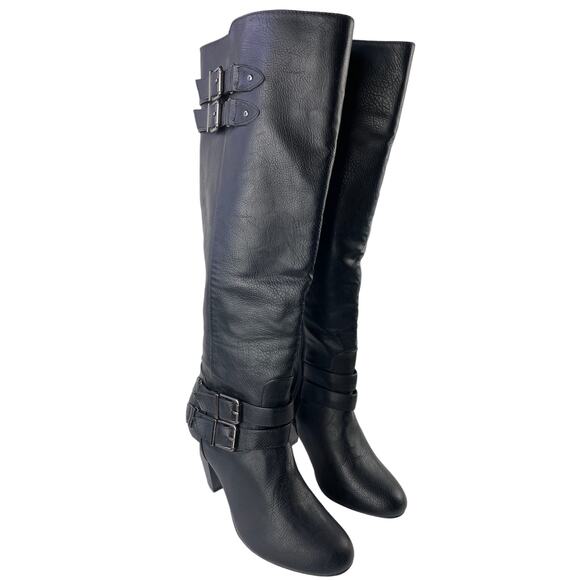Just Fab Shoes - Just Fab Anitah Knee High Tall Sexy Black Boot 3.5" Heel Straps Buckles Size 8